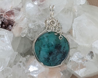 Natural Stone Pendant (Sterling Silver) (Catalina Blue Gem Silica) (Stone) (Wire Wrap) (Wire Wrapped) (Hand Wrap) (Hand Wrapped)