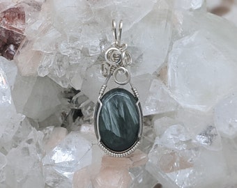 Natural Stone Pendant (Seraphinite) (Silver Layering) (Sterling Silver) (Stone) (Wire Wrap)