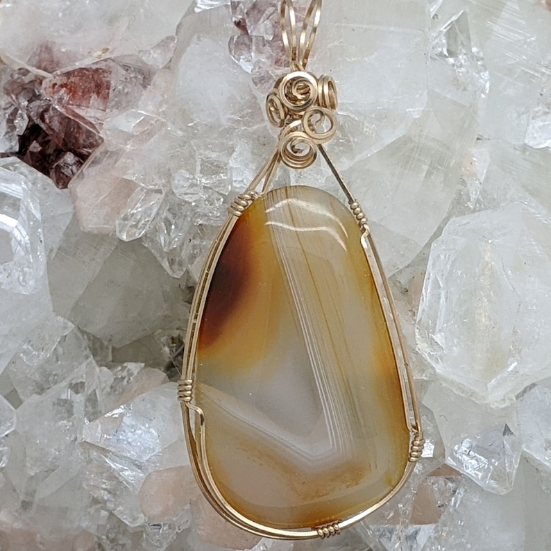 Wire Wrap Natural Stone Pendant Hand Wrap Agate 14K Gold Filled Hand Wrapped Wire Wrapped Stone