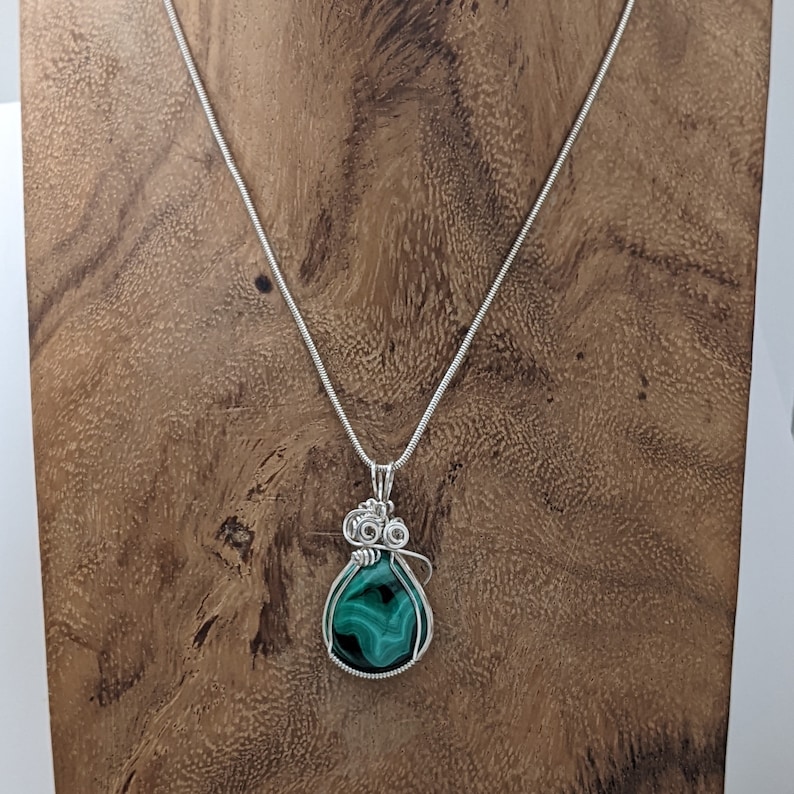 Natural Stone Pendant Malachite Silver Layering Necklace Sterling Silver Stone Wire Wrap image 2