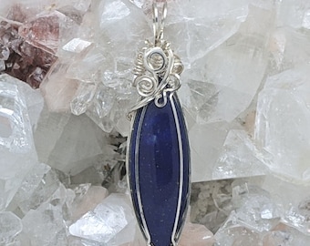 Natural Stone Pendant (Lapis) (Silver Layering Necklace) (Sterling Silver) (Stone) (Wire Wrap)