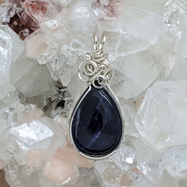 Natural Stone Pendant Sodalite Silver Layering Necklace Sterling Silver Stone Wire Wrap image 1