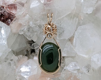 Natural Stone Pendant (British Columbia Jade) (Gold Layering Necklace) (14K Gold Filled) (Stone) (Wire Wrap)