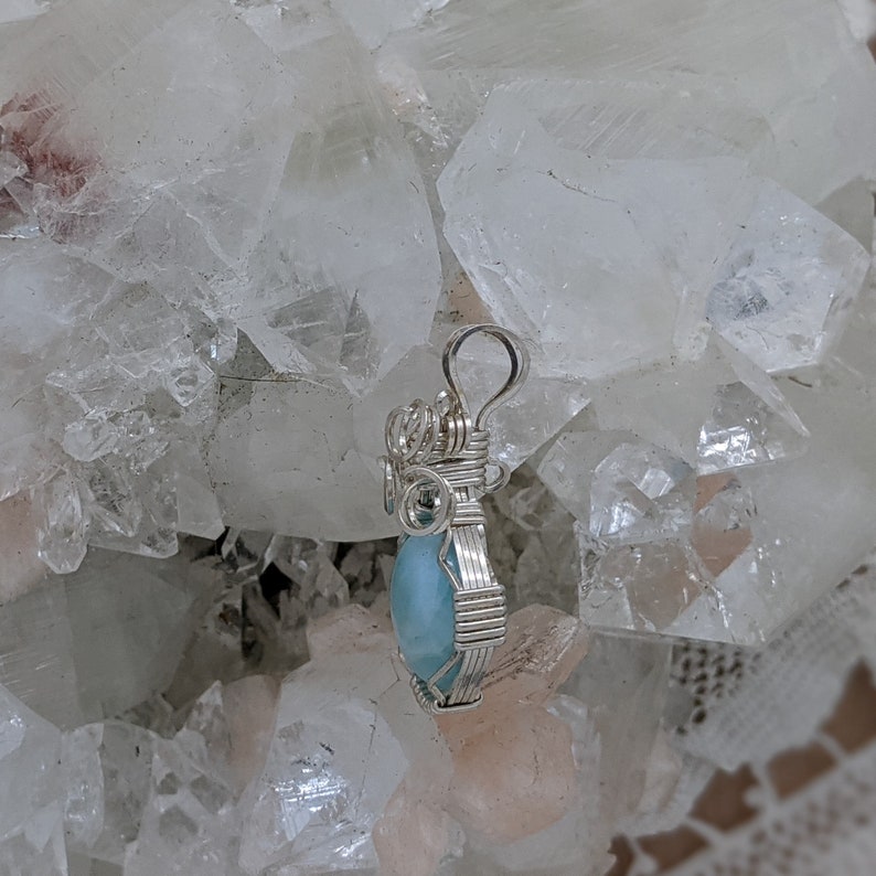 Wire Wrap Natural Stone Pendant Wire Wrapped Sterling Silver Hand Wrapped Larimar Hand Wrap Stone