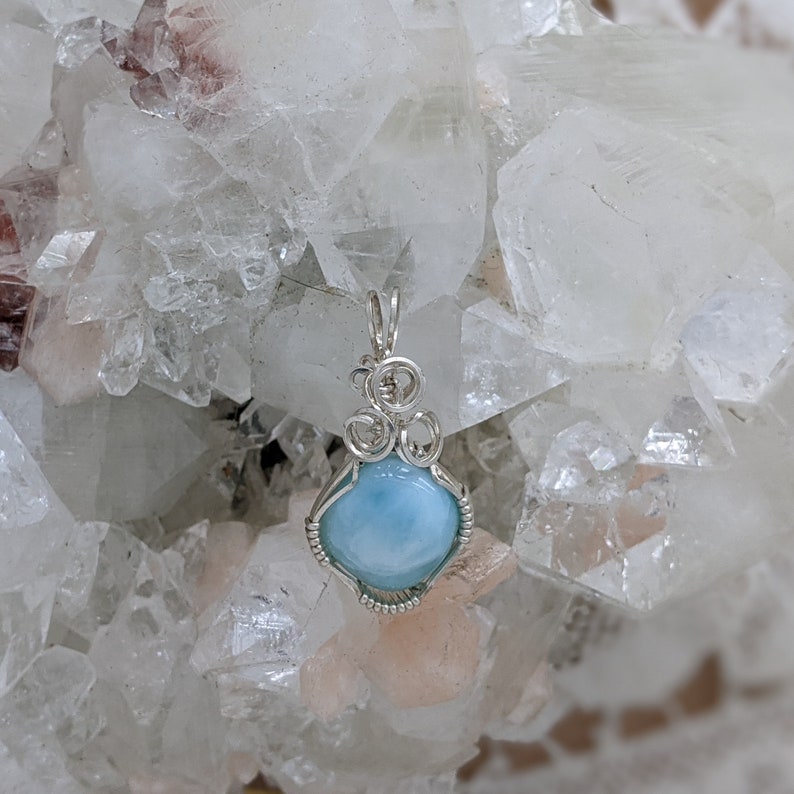 Wire Wrap Natural Stone Pendant Wire Wrapped Sterling Silver Hand Wrapped Larimar Hand Wrap Stone