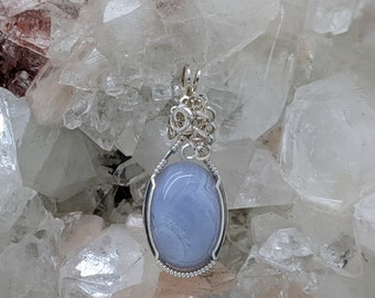 Natural Stone Pendant (Blue Lace Agate) (Silver Layering Necklace) (Sterling Silver) (Stone) (Wire Wrap)