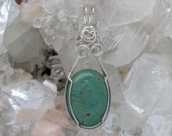 Natural Stone Pendant (Kingman Turquoise) (Silver Layering Necklace) (Sterling Silver) (Stone) (Wire Wrap)