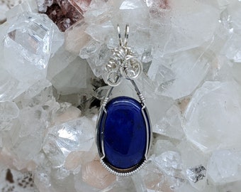 Natural Stone Pendant (Lapis) (Silver Layering Necklace) (Sterling Silver) (Stone) (Wire Wrap)