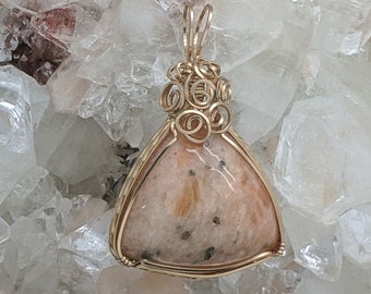 Natural Stone Pendant   (14K Gold Filled) (Coral Quartz) (Stone) (Wire Wrap) (Wire Wrapped) (Hand Wrap) (Hand Wrapped)