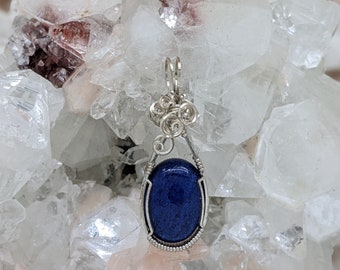 Natural Stone Pendant (Lapis) (Silver Layering Necklace) (Sterling Silver) (Stone) (Wire Wrap)