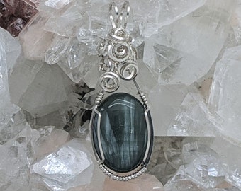 Natural Stone Pendant (Seraphinite) (Silver Layering Necklace) (Sterling Silver) (Stone) (Wire Wrap)