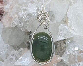 Natural Stone Pendant (British Columbia Jade) (Silver Layering Necklace) (Sterling Silver) (Stone) (Wire Wrap)