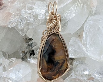Natural Stone Pendant (Pietersite) (Gold Layering Necklace) (14K Gold Filled) (Stone) (Wire Wrap)