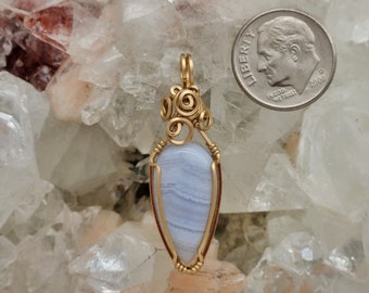 Natural Stone Pendant (Blue Lace Agate) (Gold Layering Necklace) (14K Gold Filled) (Stone) (Wire Wrap)