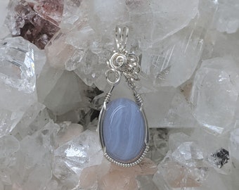 Natural Stone Pendant (Blue Lace Agate) (Silver Layering Necklace) (Sterling Silver) (Stone) (Wire Wrap)