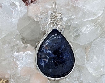 Natural Stone Pendant (Sodalite) (Silver Layering Necklace) (Sterling Silver) (Stone) (Wire Wrap)