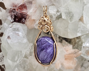 Natural Stone Pendant (Charoite) (Gold Layering Necklace) (14K Gold Filled) (Stone) (Wire Wrap)