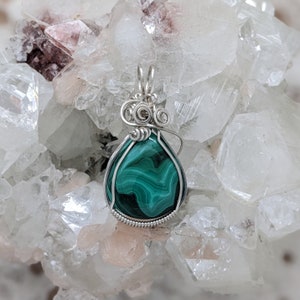 Natural Stone Pendant Malachite Silver Layering Necklace Sterling Silver Stone Wire Wrap image 1