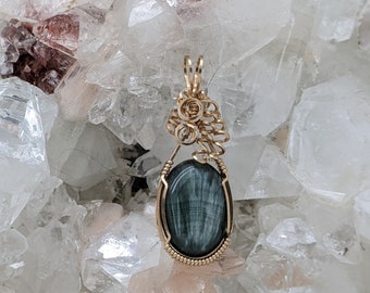 Natural Stone Pendant (Seraphinite) (Gold Layering Necklace) (14K Gold Filled) (Stone) (Wire Wrap)