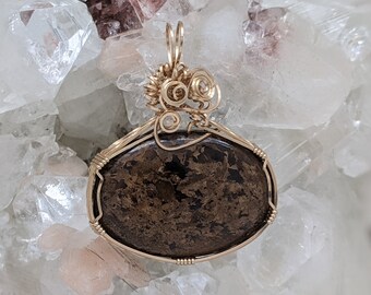 Natural Stone Pendant (Bronzite) (Gold Layering Necklace) (14K Gold Filled) (Stone) (Wire Wrap)