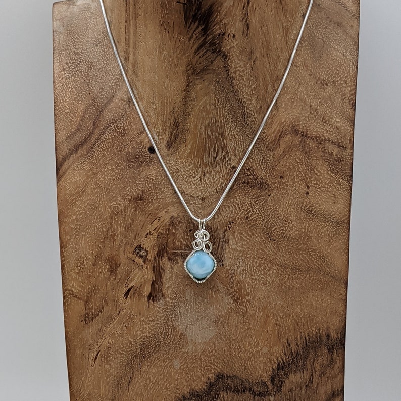 Wire Wrap Natural Stone Pendant Wire Wrapped Sterling Silver Hand Wrapped Larimar Hand Wrap Stone
