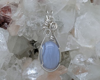 Natural Stone Pendant (Blue Lace Agate) (Sterling Silver) (Stone) (Wire Wrap) (Wire Wrapped) (Hand Wrap) (Hand Wrapped)