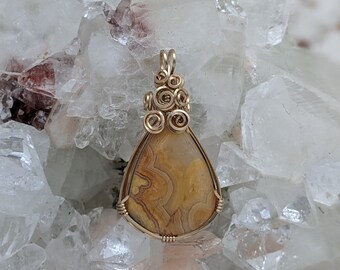 Natural Stone Pendant (Yellow Lace Agate) (Gold Layering Necklace) (14K Gold Filled) (Stone) (Wire Wrap)