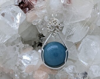 Natural Stone Pendant (Brioloita Blue Quartz) (Silver Layering Necklace) (Sterling Silver) (Stone) (Wire Wrap)