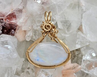 Natural Stone Pendant (Moonstone) (Gold Layering Necklace) (14K Gold Filled) (Stone) (Wire Wrap)