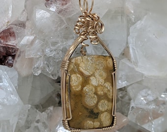 Natural Stone Pendant (Ocean Jasper) (Gold Layering Necklace) (14K Gold Filled) (Stone) (Wire Wrap)