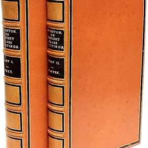 Puede incluir: Dos libros antiguos con cubiertas naranjas y lomos dorados. Los lomos tienen detalles rectangulares negros y dorados y el texto "WINSTON. ON ANCIENT GLASS PAINTINGS" y "ART I. TEXT." y "PART II. PLATES."