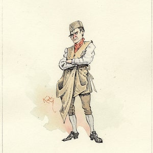 Può includere: Un'illustrazione disegnata a mano di un uomo che indossa un cappello marrone, una camicia bianca, un gilet marrone, pantaloni marroni e scarpe nere. L'uomo è in piedi con le braccia incrociate e ha un'espressione seria sul viso. L'illustrazione è intitolata "Simon Tappertit" e "Barnaby Rudge".
