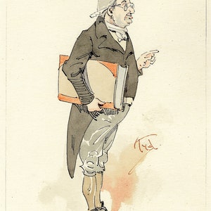 Può includere: Una caricatura disegnata a mano di un uomo con un cappello bianco e occhiali, che tiene un libro e punta a destra. Il disegno è in bianco e nero con alcuni lavaggi ad acquerello.