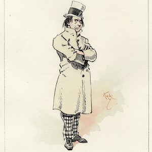 Può includere: Un'illustrazione in bianco e nero di un uomo con un cappello a cilindro, un lungo cappotto e pantaloni a quadri. La didascalia sotto l'immagine recita "Somebody's Luggage."