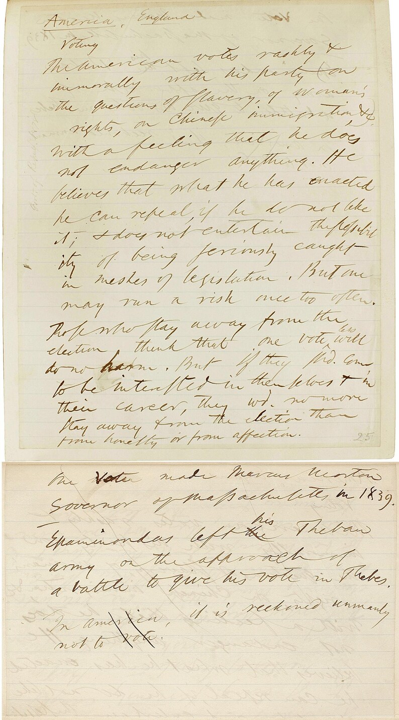 Puede incluir: Un documento manuscrito antiguo con escritura cursiva en papel rayado. El texto trata sobre la votaci&oacute;n y cuestiones sociales. El papel muestra signos de envejecimiento.