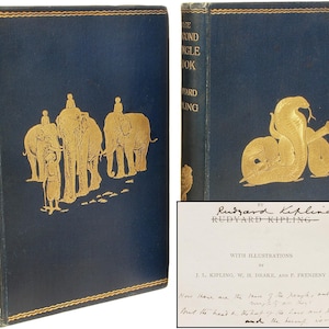 May include: Antique hardcover book, "The Second Jungle Book" by Rudyard Kipling. The navy blue cover features gold illustrations of elephants and a snake. The book's title and author's name are also in gold.