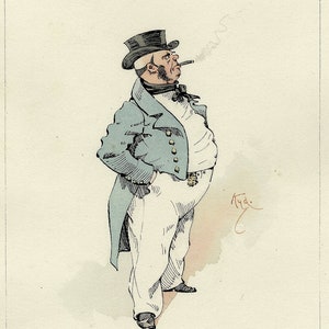 Può includere: Un'illustrazione in bianco e nero di un uomo con un cappello a cilindro e un cappotto blu, che fuma un sigaro. La didascalia recita "The Half-pay Captain."