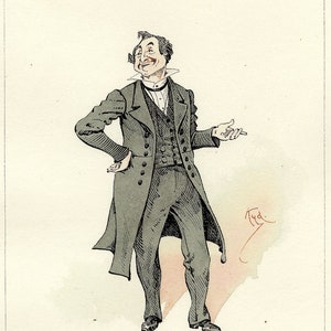 Può includere: Un'illustrazione in bianco e nero di un uomo in abito e cappotto, con il testo "MR. PECKSNIFF." e "MARTIN CHUZZLEWIT." nella parte superiore e inferiore dell'immagine.