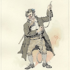 Può includere: Un'illustrazione disegnata a mano di un uomo con un cappotto e un cappello marroni che tiene una corda. L'uomo ha i baffi e la barba. L'illustrazione è intitolata "Barnaby Rudge."
