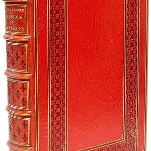 Puede incluir: Un libro encuadernado en cuero rojo con detalles dorados y un patrón decorativo de flores de lis. El título en el lomo dice "Chronique de Charles IX" de Prosper Mérimée. El libro fue publicado en París en 1869.