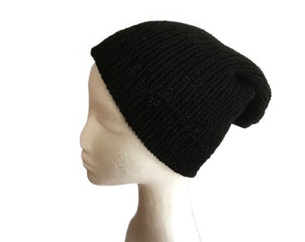 Super Slouchy Knitted Black Beanie Hat, Winter Baggy Beanies, Ladies and Mens Wool Cap, Double Layered Hat, Lightweight Beanie