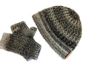 Marbled Grey Beanie With Matching Fingerless Gloves, Warm Winter Messy Ladies and Men’s Gift Set, Acrylic Wool Handmade Present