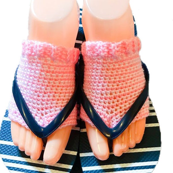 Pink and a White Striped Flip Flop Yoga Regular Fit Socks, Pedicure Half Socks, Summer Slippers, Dark and Light Blue Adult Unisex Tabi