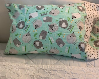 Mint Green Lambs Toddler/Travel Size Flannel Pillowcase