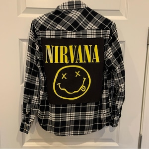 Custom Black and White Band Flannel with Vintage Nirvana Graphic Wm Sz S