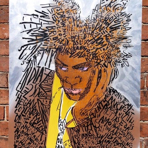 May include: A colorful abstract portrait of a person with a black and brown background. The portrait is made up of words and phrases in black and orange. The words are layered and overlapping, creating a textured effect. The portrait is signed "Jean Michel Basquiat" in the bottom left corner.