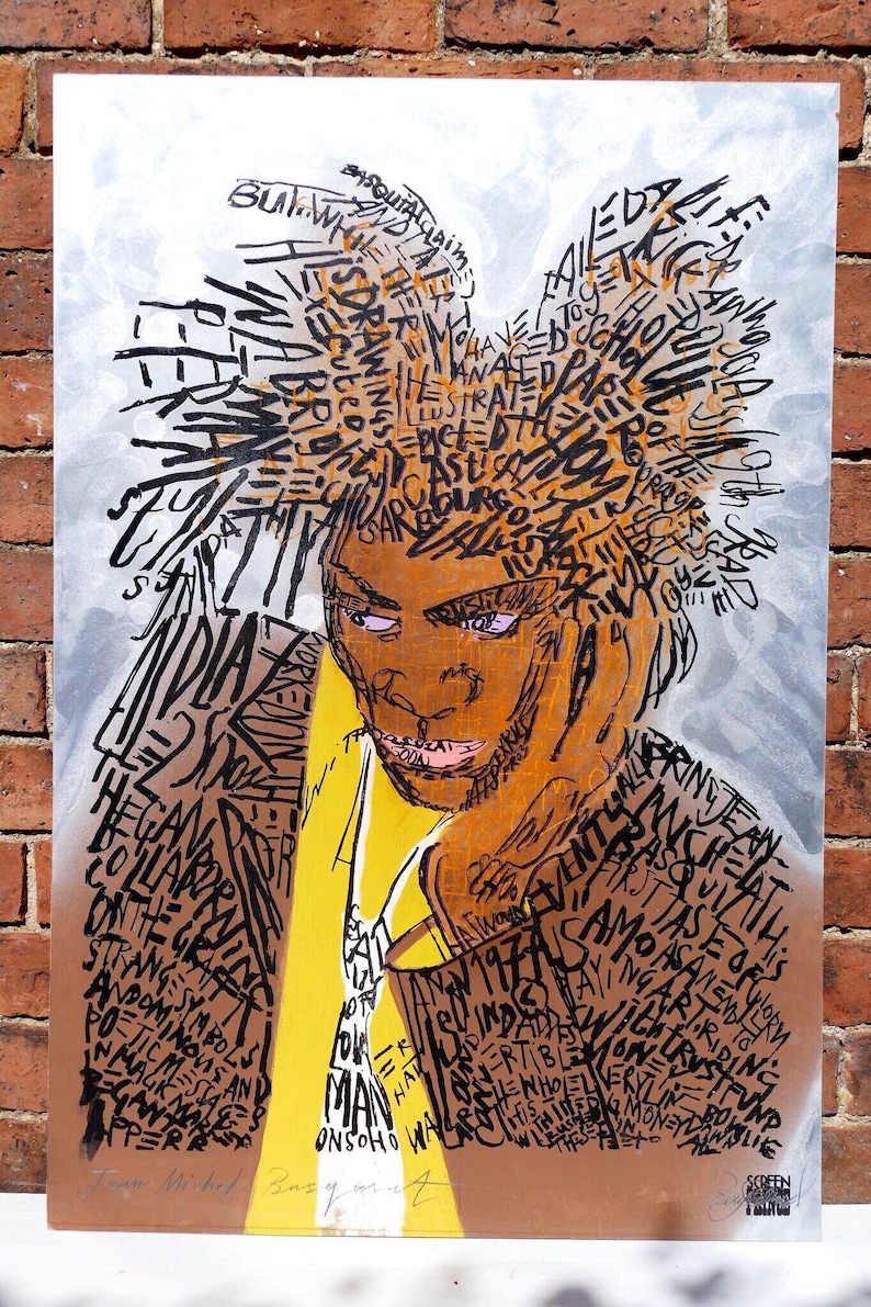 May include: A colorful abstract portrait of a person with a black and brown background. The portrait is made up of words and phrases in black and orange. The words are layered and overlapping, creating a textured effect. The portrait is signed "Jean Michel Basquiat" in the bottom left corner.