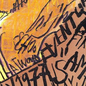 May include: A close-up of a brown and orange textured surface with black handwritten text. The text reads "IN 1974 THIS EVENT CAN", "ALL WOMAN", and "SAY AM".