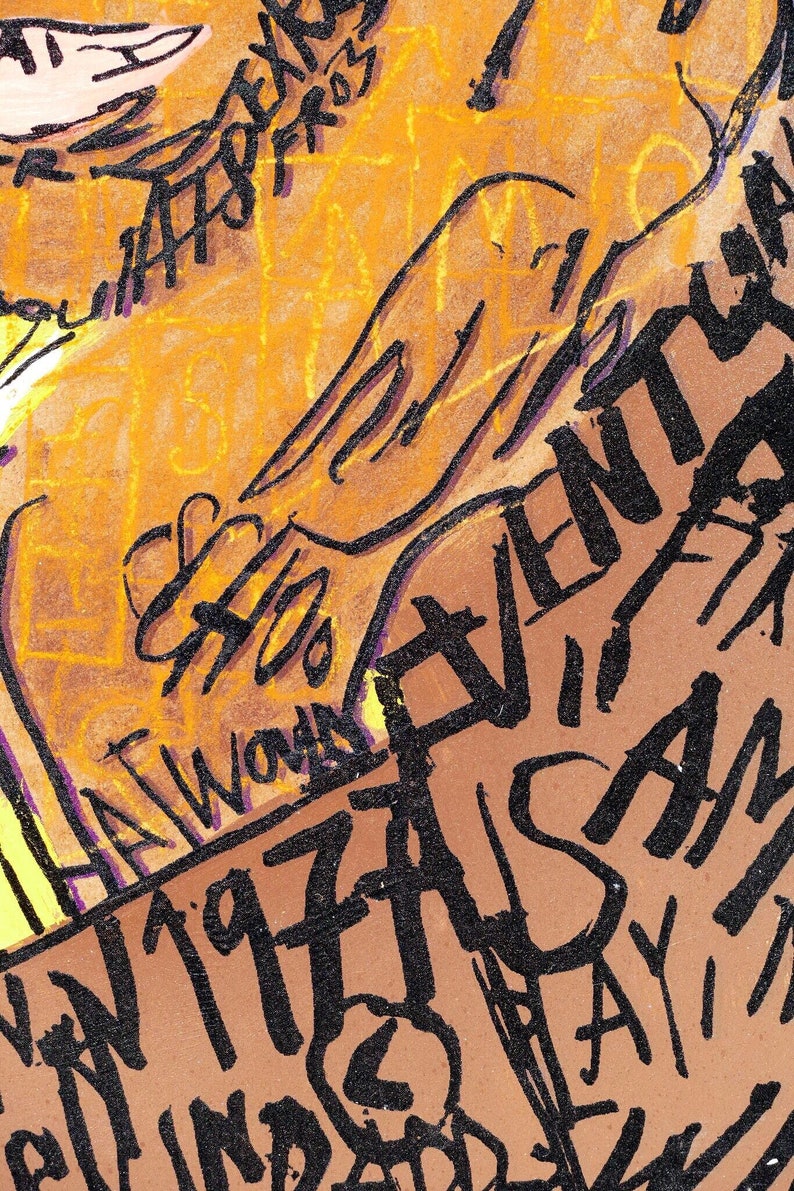 May include: A close-up of a brown and orange textured surface with black handwritten text. The text reads "IN 1974 THIS EVENT CAN", "ALL WOMAN", and "SAY AM".
