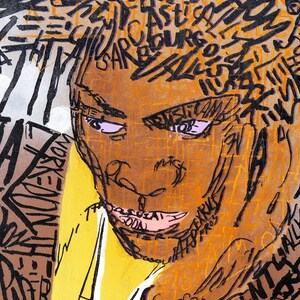 May include: A close-up of a person's face with a brown skin tone. The face is surrounded by black and orange scribbles and text. The text includes words like "lustrated", "cast", "bourg", "justice", "eventually", and "this is sam".
